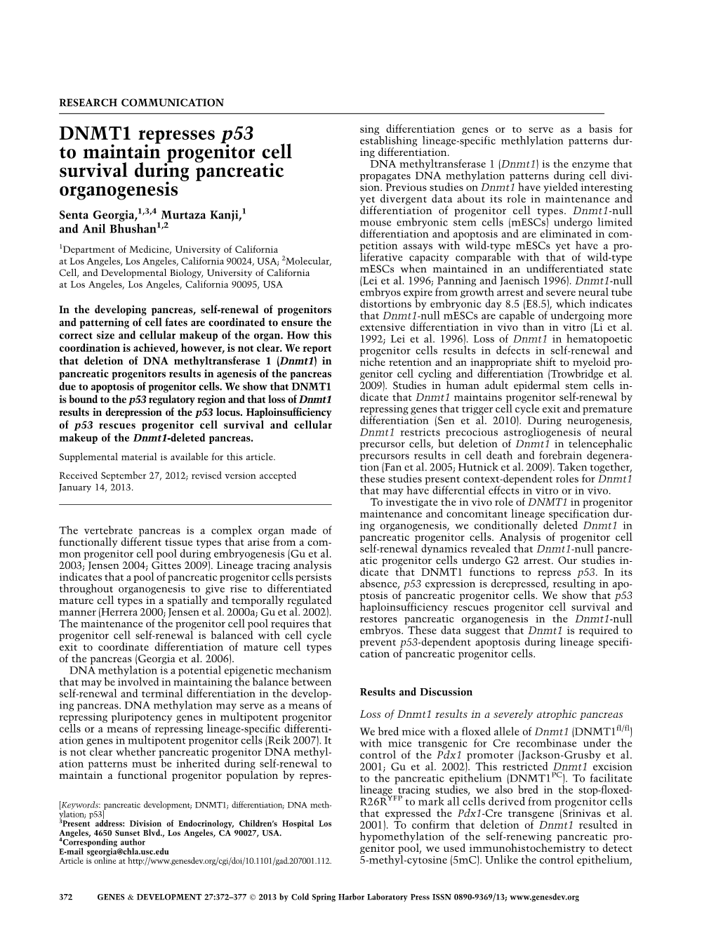 DNMT1 Represses P53 to Maintain Progenitor Cell Survival During