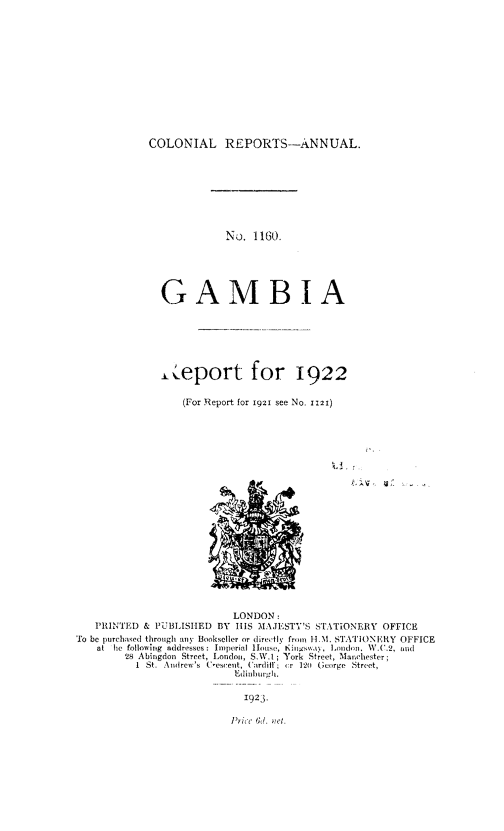 Annual Report of the Colonies. Gambia 1922