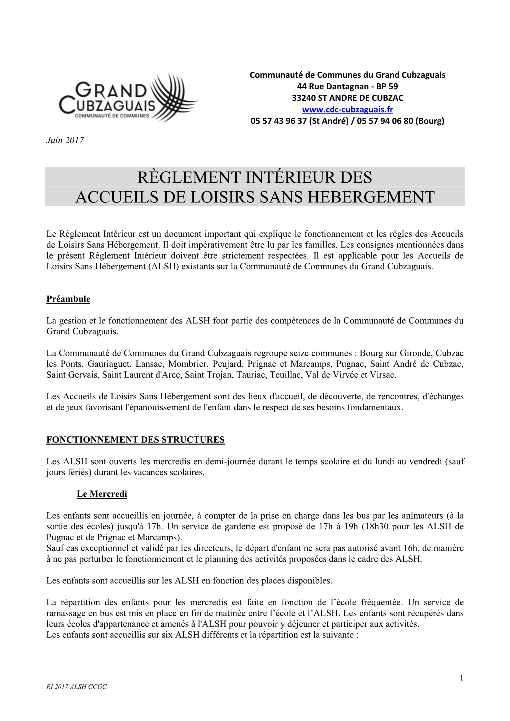 Règlement Intérieur Des Accueils De Loisirs Sans Hebergement