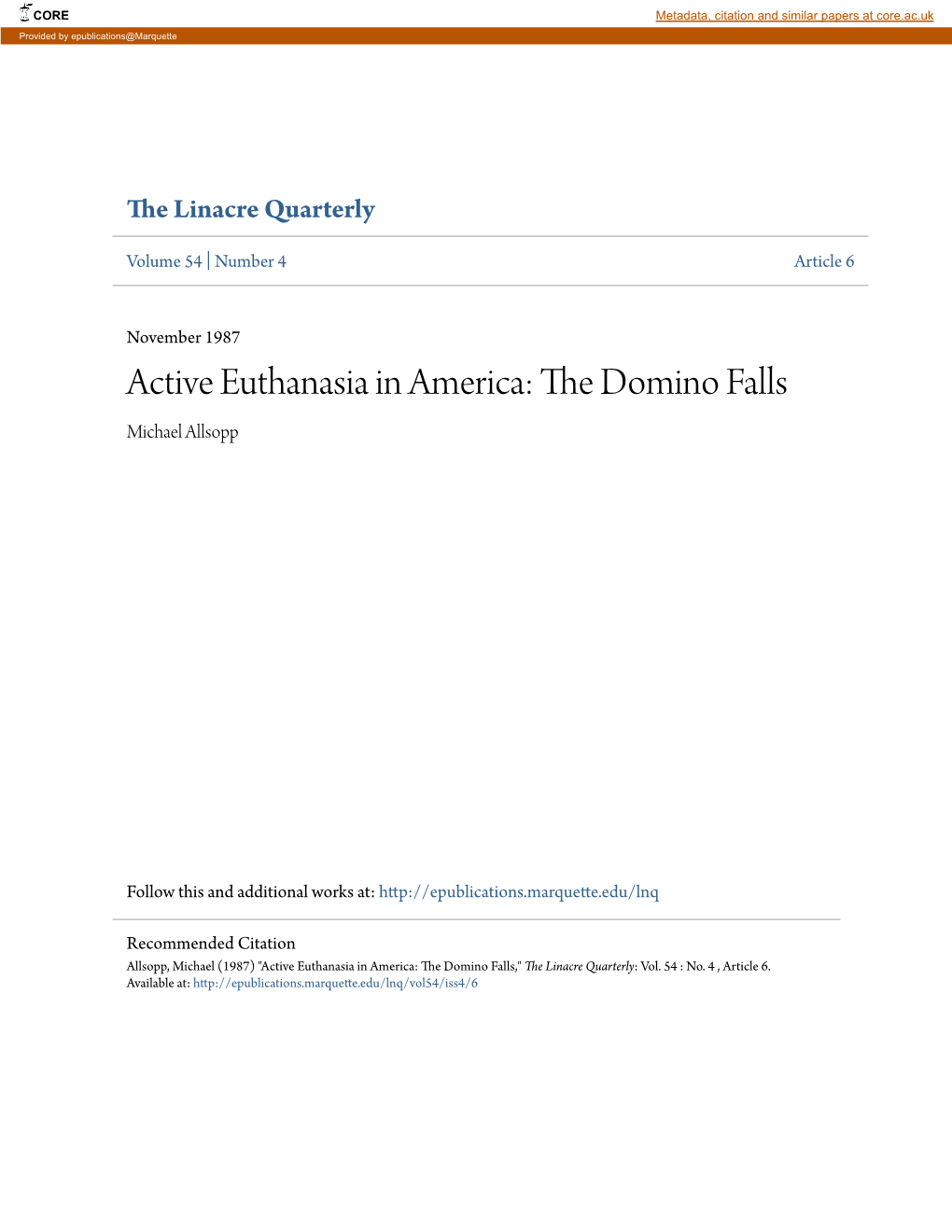 Active Euthanasia in America: the Ominod Falls Michael Allsopp