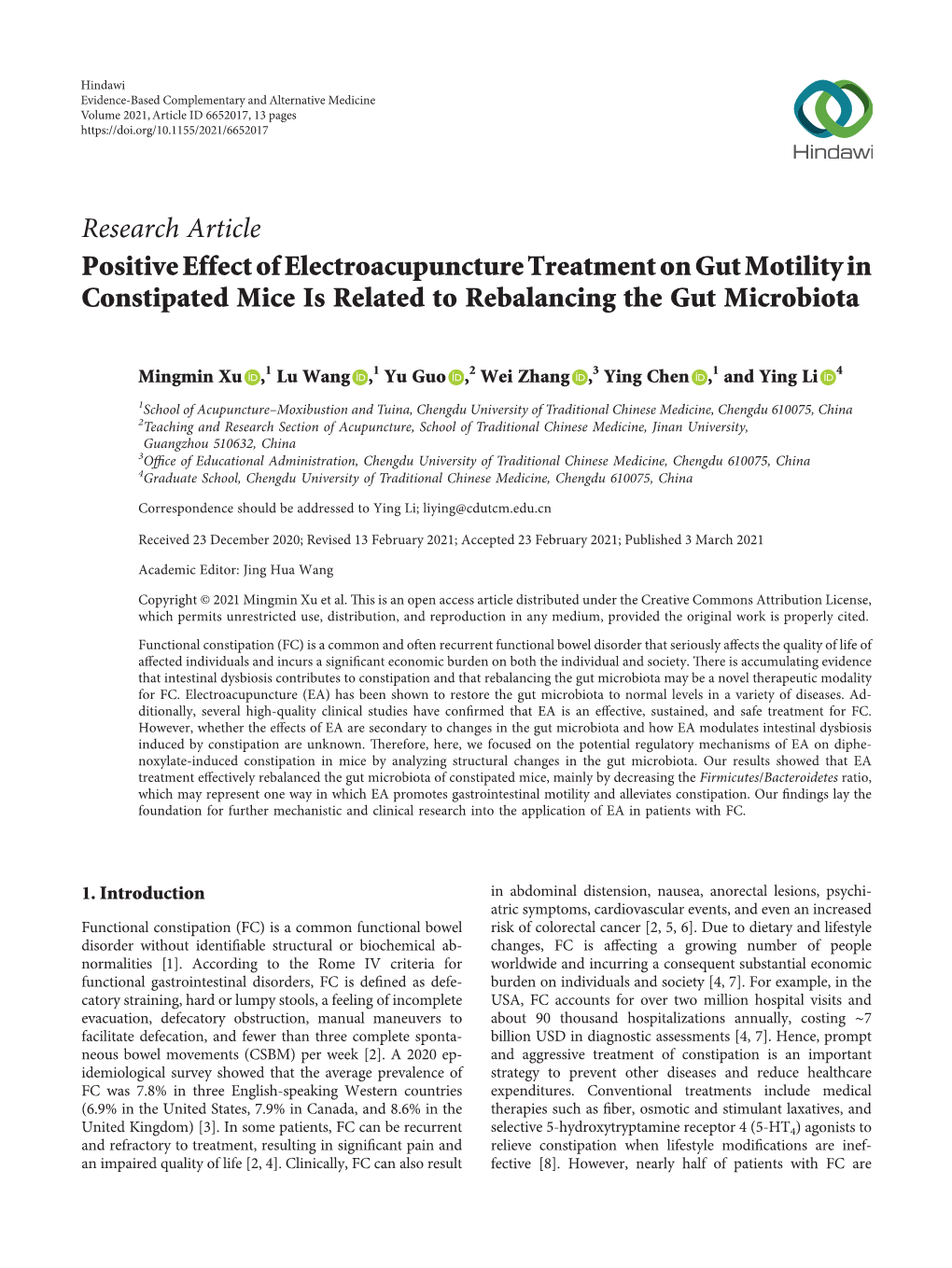 Positive Effect of Electroacupuncture Treatment on Gut Motility in Constipated Mice Is Related to Rebalancing the Gut Microbiota