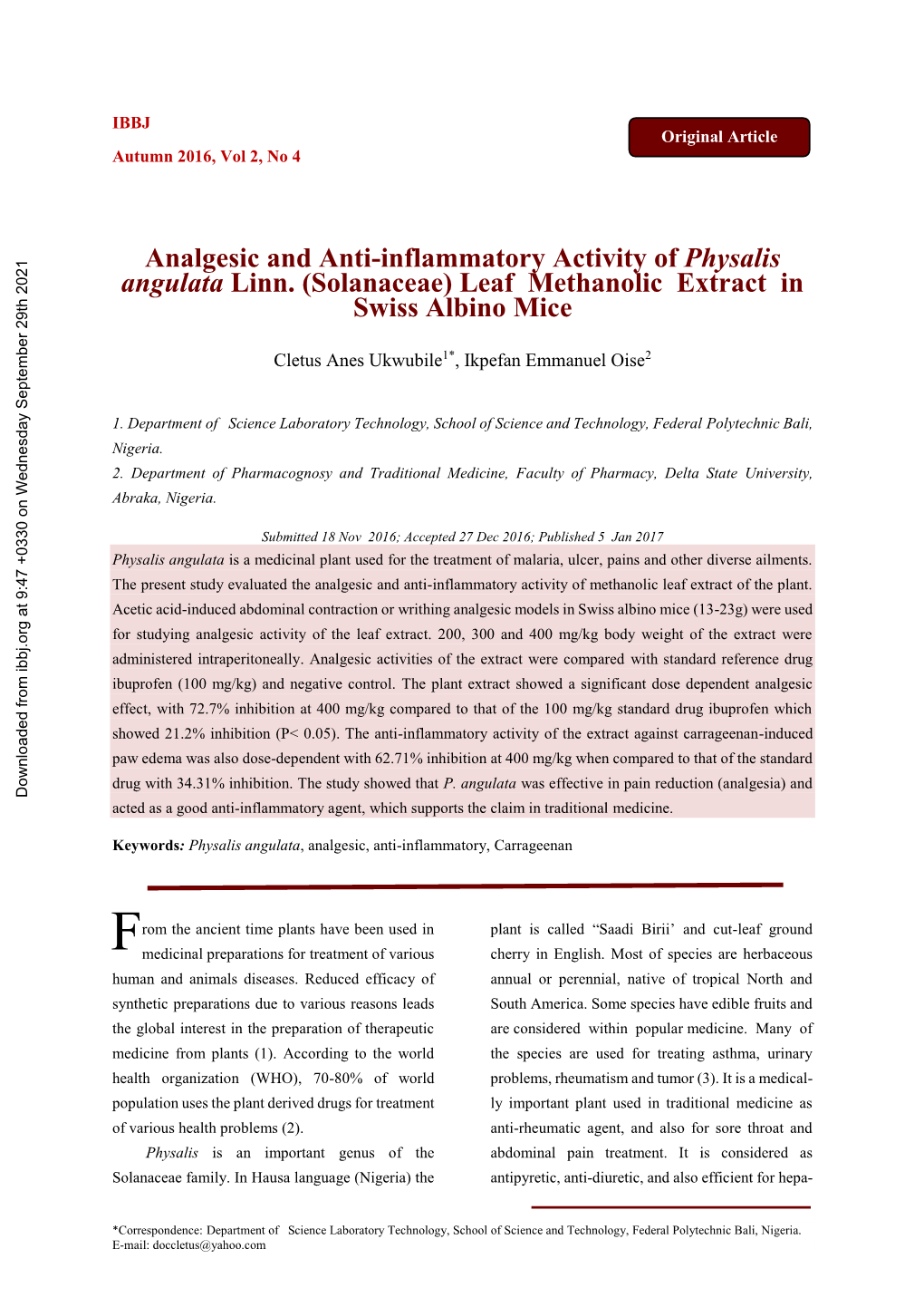 Analgesic and Anti-Inflammatory Activity of Physalis Angulata Linn. (Solanaceae) Leaf Methanolic Extract in Swiss Albino Mice