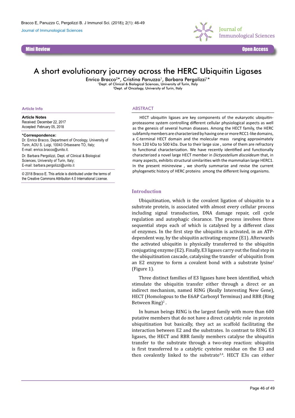 A Short Evolutionary Journey Across the HERC Ubiquitin Ligases Enrico Bracco2*, Cristina Panuzzo1, Barbara Pergolizzi1* 1Dept