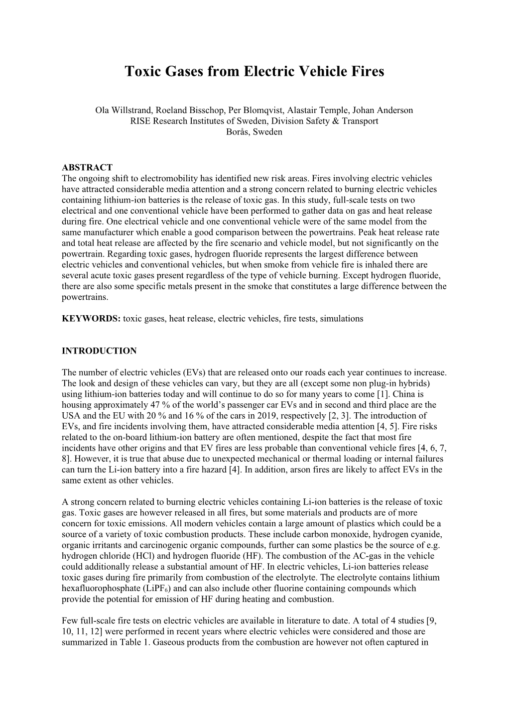 Toxic Gases from Electric Vehicle Fires