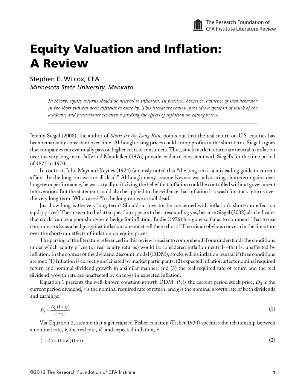 Equity Valuation and Inflation: a Review Stephen E