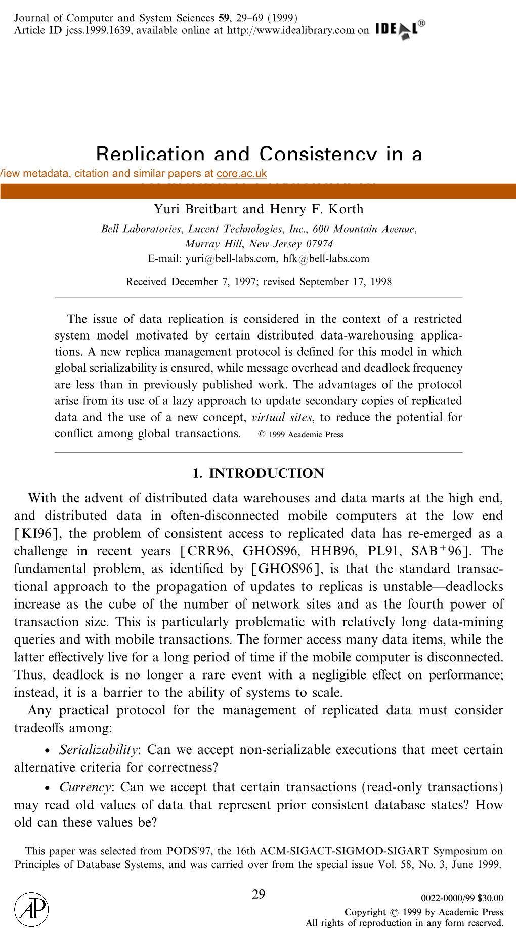 Replication and Consistency in a Distributed Environment