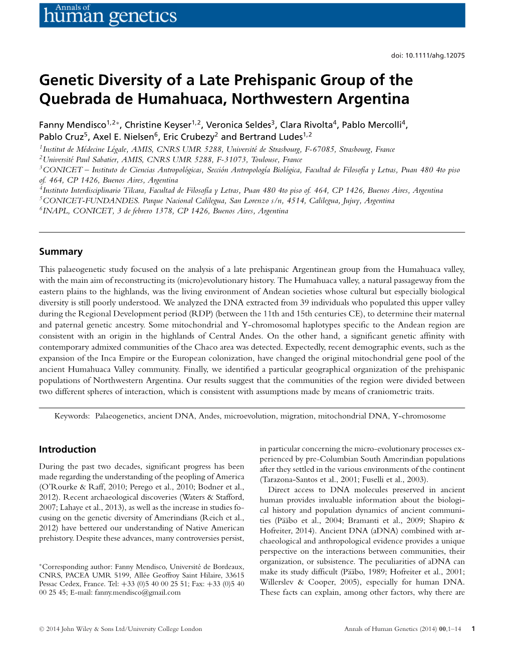 Genetic Diversity of a Late Prehispanic Group of the Quebrada De Humahuaca, Northwestern Argentina