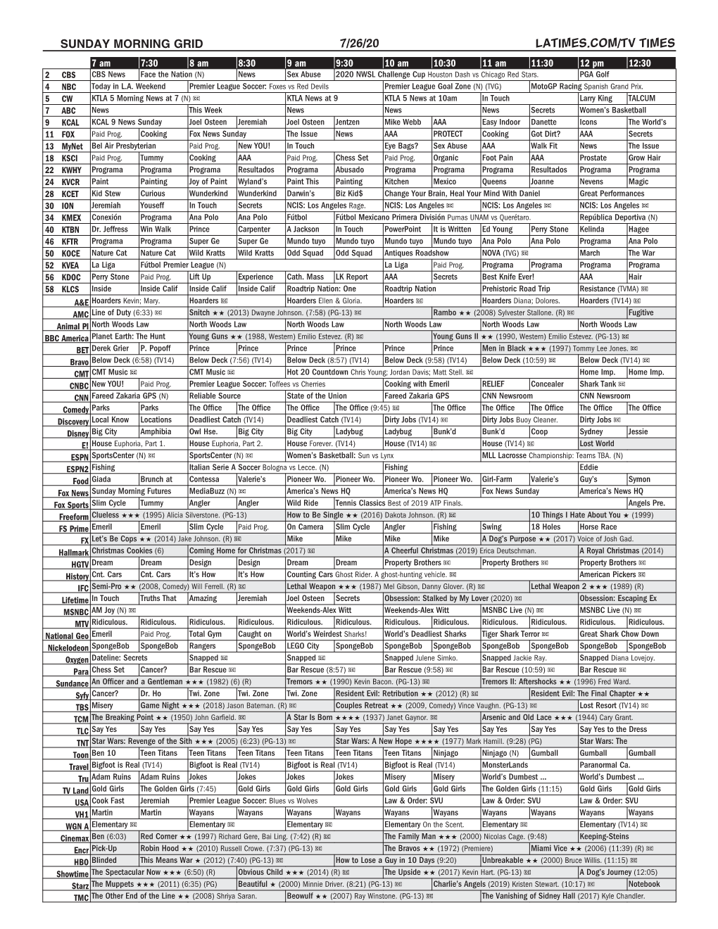 Sunday Morning Grid 7/26/20 Latimes.Com/Tv Times