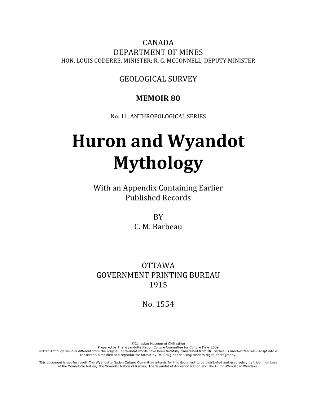 Huron and Wyandot Mythology