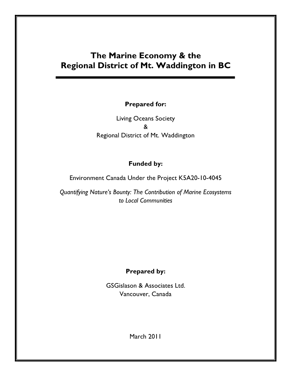 The Marine Economy & the Regional District of Mt. Waddington in BC