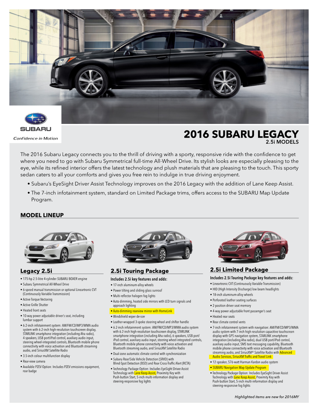 2016 SUBARU LEGACY 2.5I MODELS