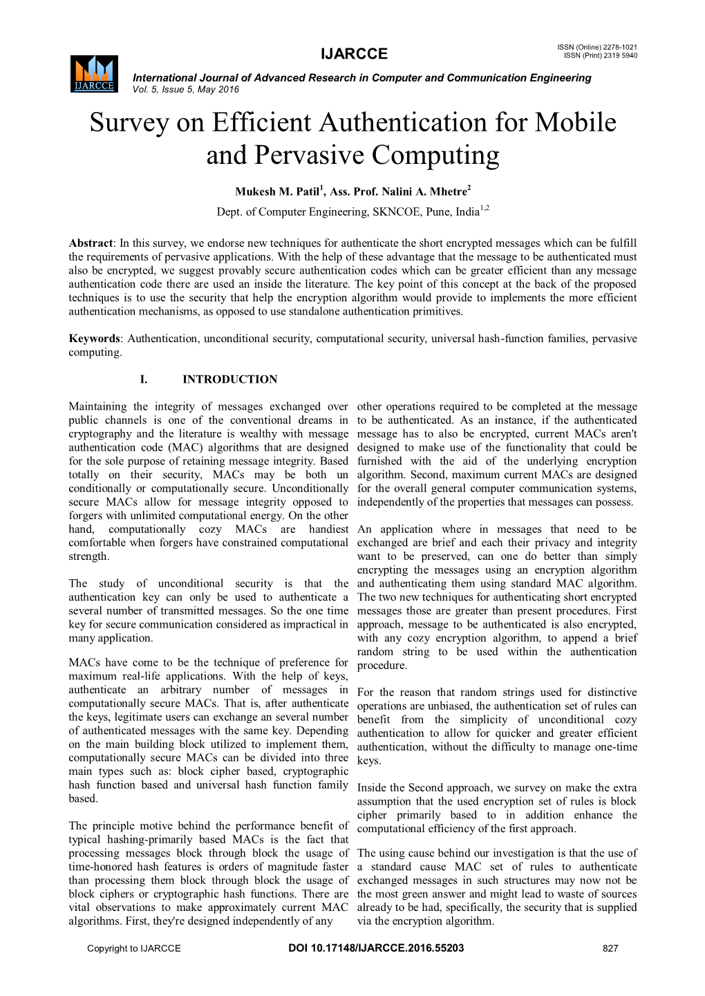 Survey on Efficient Authentication for Mobile and Pervasive Computing