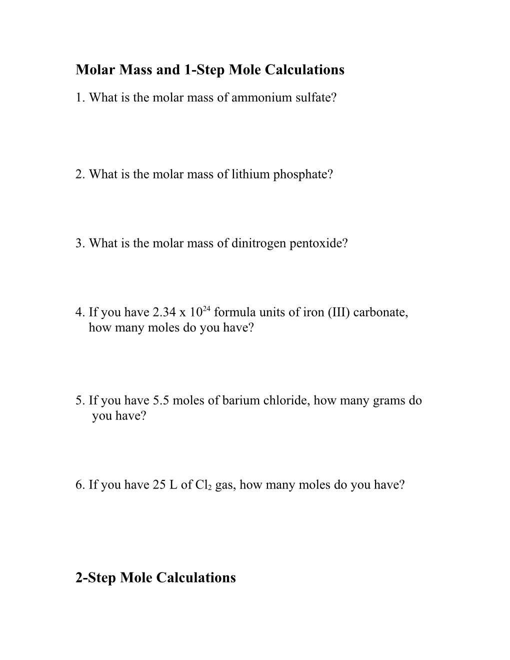 Molar Mass and 1-Step Mole Calculations s1