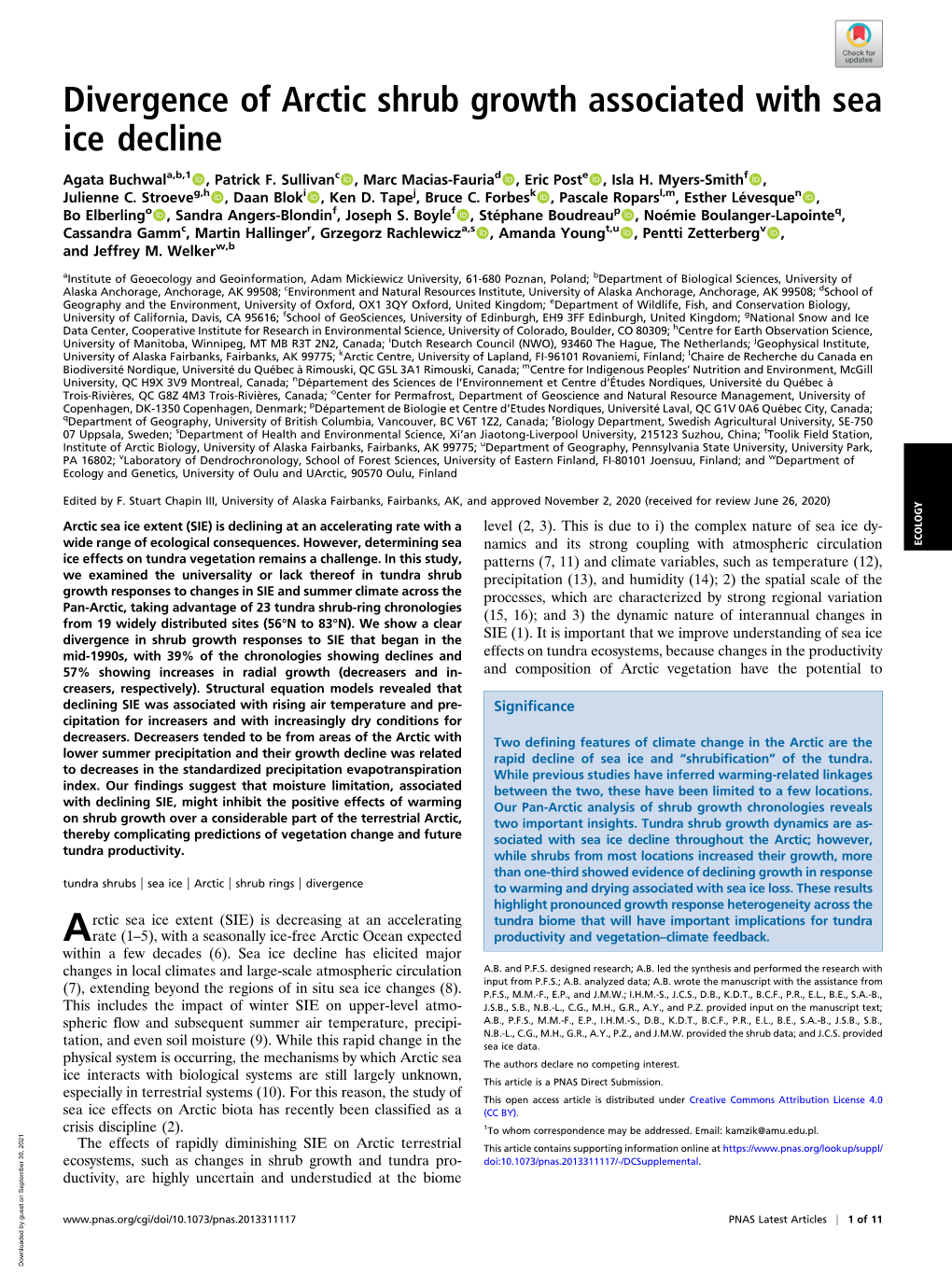 Divergence of Arctic Shrub Growth Associated with Sea Ice Decline