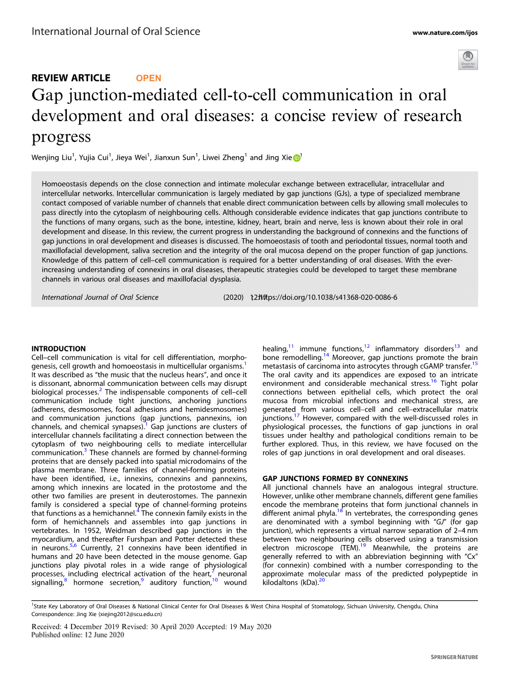 Gap Junction-Mediated Cell-To-Cell Communication in Oral Development and Oral Diseases: a Concise Review of Research Progress