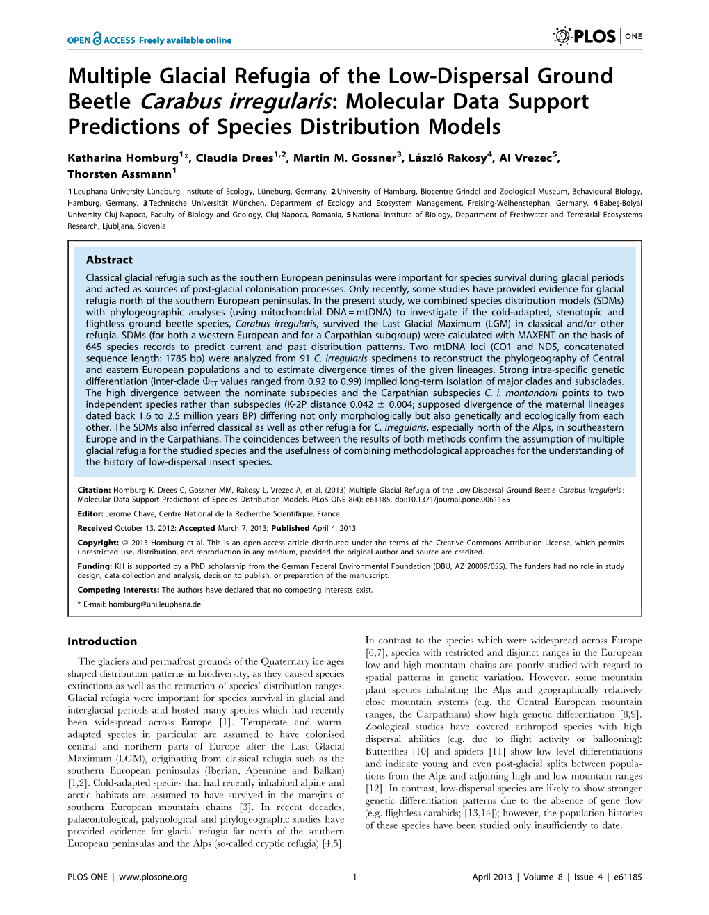 Multiple Glacial Refugia of the Low-Dispersal Ground Beetle Carabus Irregularis: Molecular Data Support Predictions of Species Distribution Models