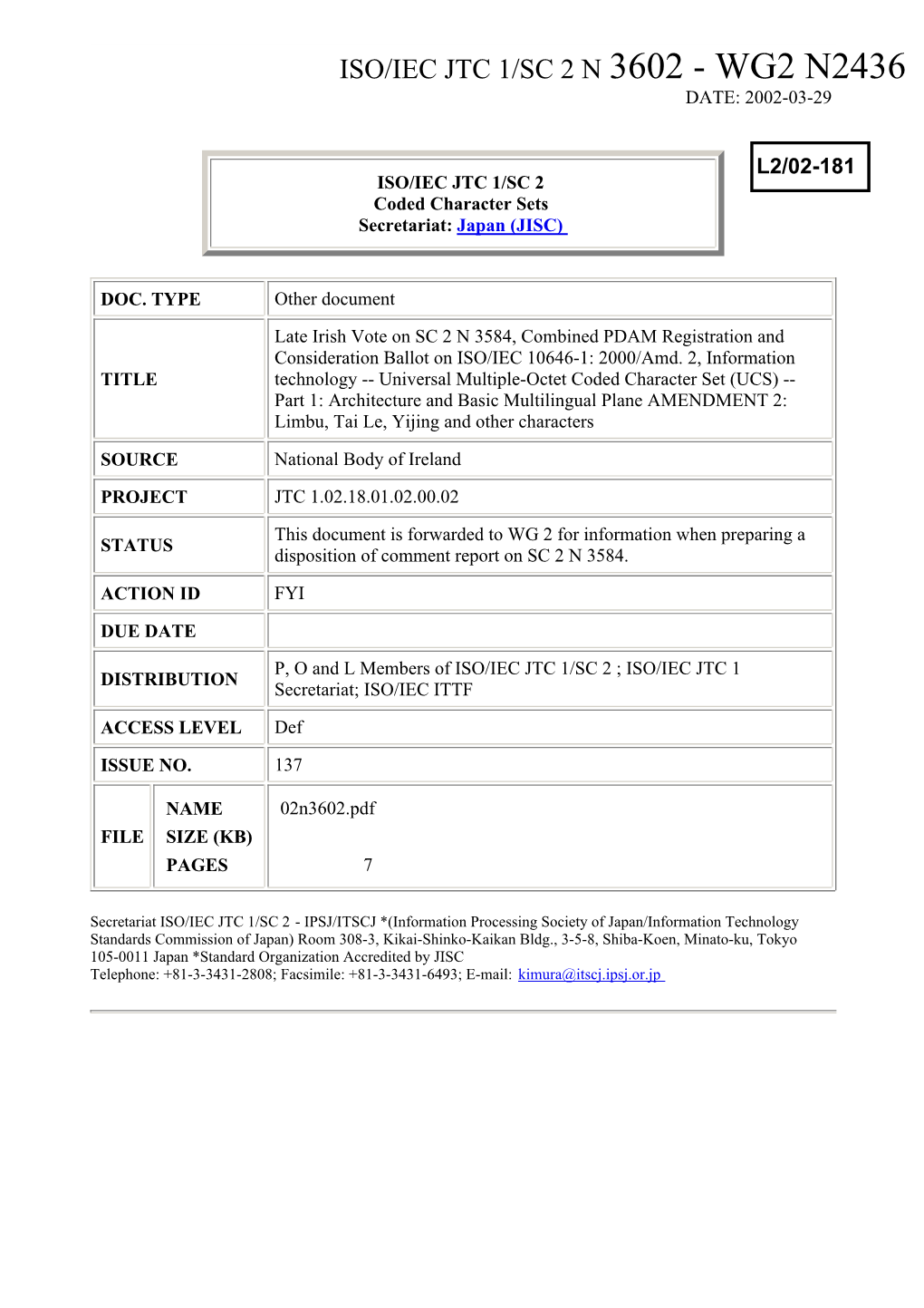 Iso/Iec Jtc 1/Sc 2 N 3602 - Wg2 N2436 Date: 2002-03-29