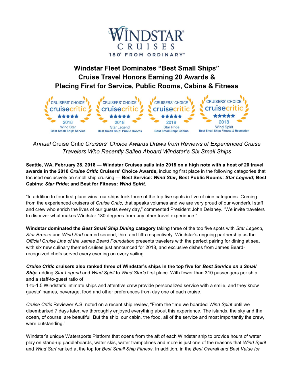 Windstar Fleet Dominates “Best Small Ships” Cruise Travel Honors Earning 20 Awards & Placing First for Service, Public Rooms, Cabins & Fitness