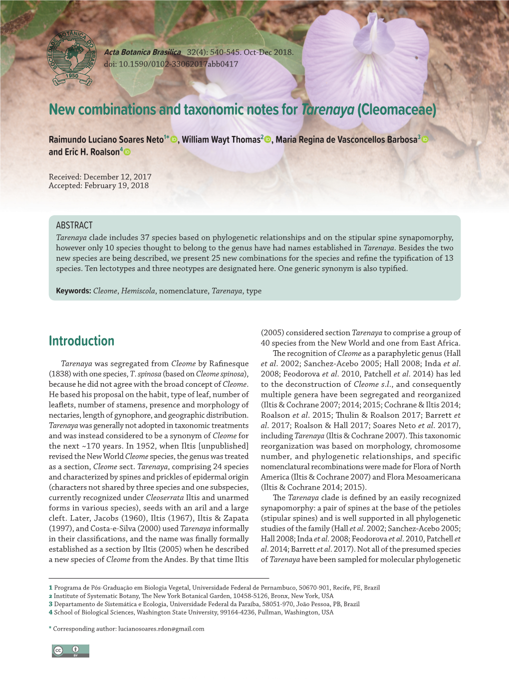 New Combinations and Taxonomic Notes for Tarenaya(Cleomaceae)