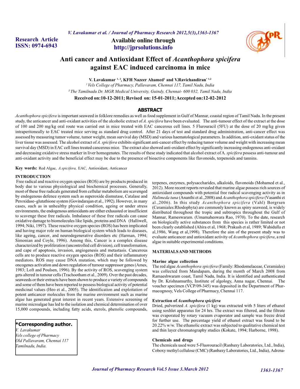 Anti Cancer and Antioxidant Effect of Acanthophora Spicifera Against EAC Induced Carcinoma in Mice