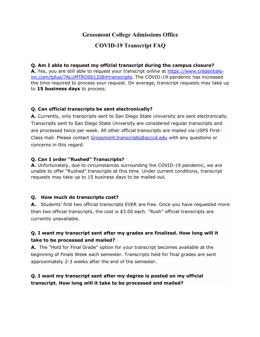 Grossmont College Admissions Office COVID-19 Transcript FAQ