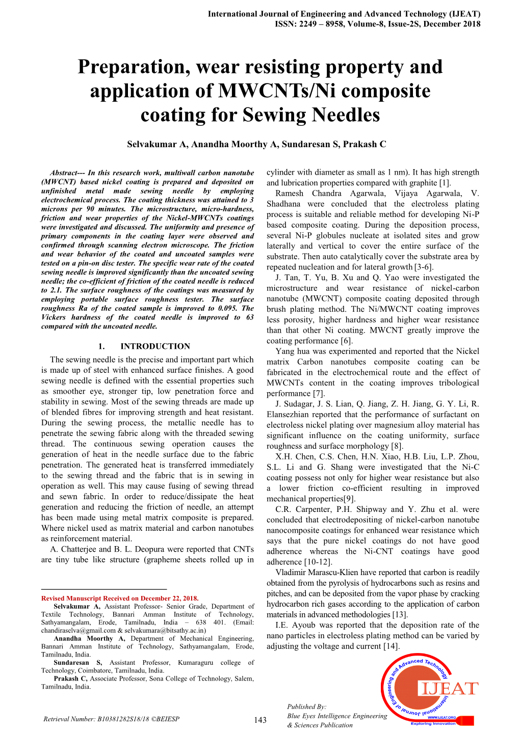 Preparation, Wear Resisting Property and Application of Mwcnts/Ni Composite Coating for Sewing Needles