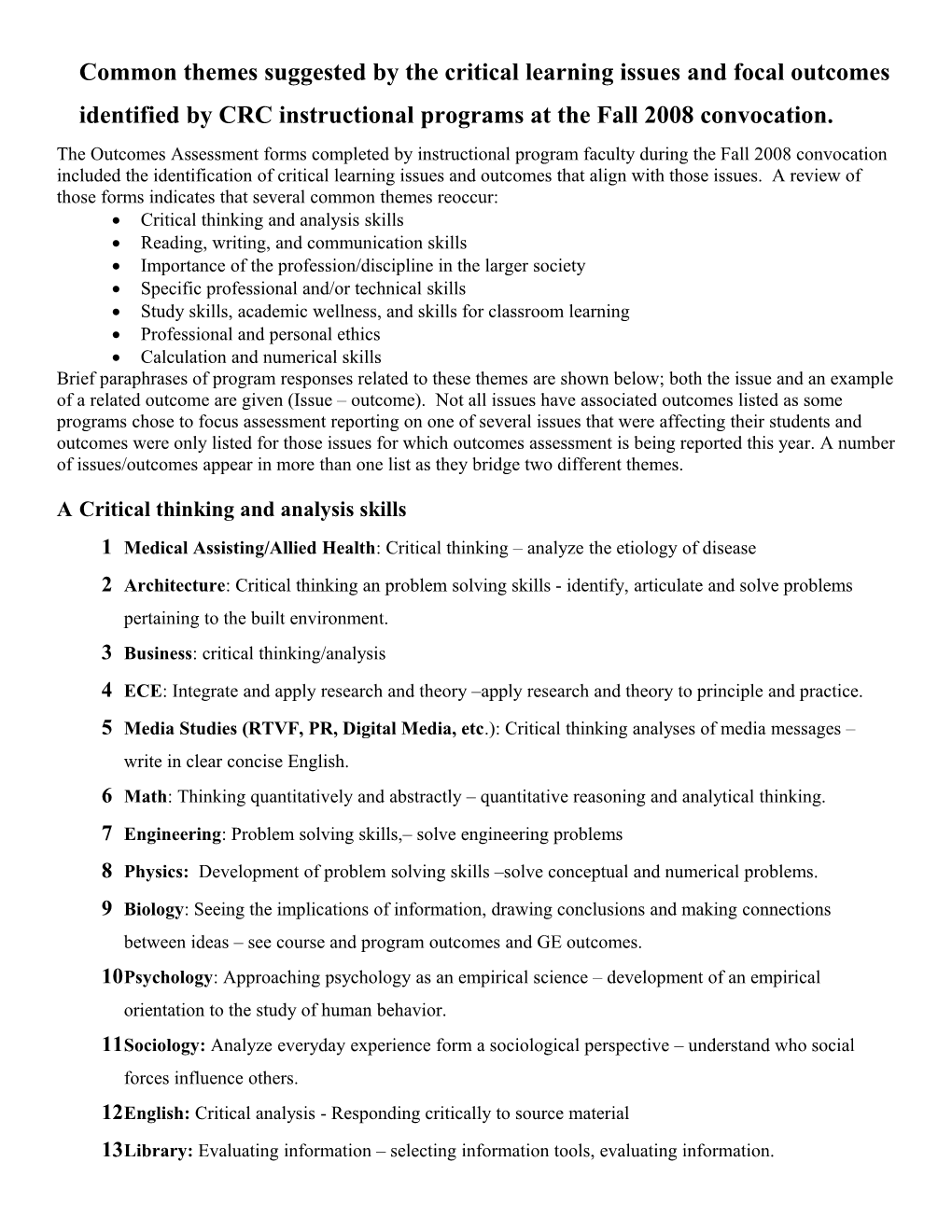 Common Themes Suggested by the Critical Learning Issues and Focal Outcomes Identified By