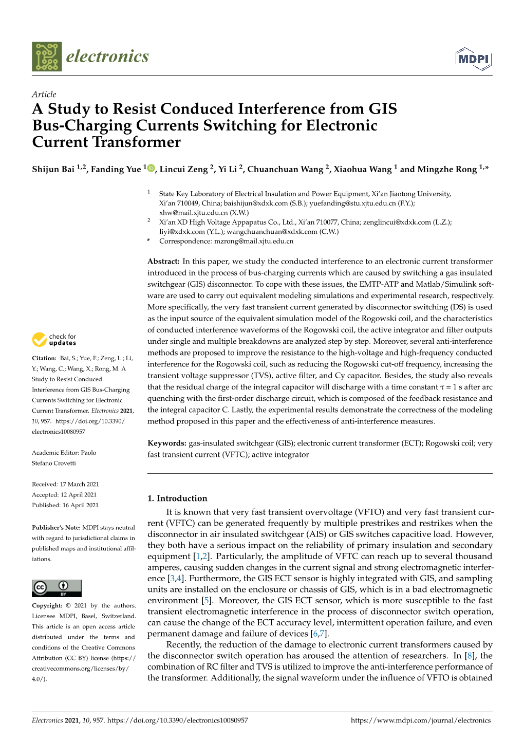 A Study to Resist Conduced Interference from GIS Bus-Charging Currents Switching for Electronic Current Transformer