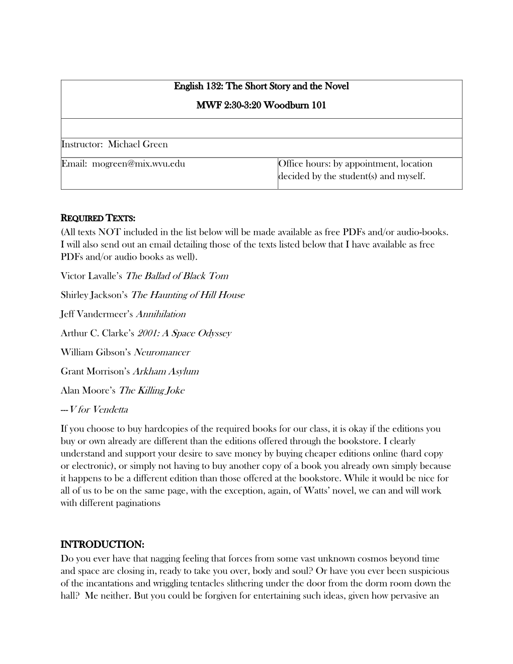 English 132-The Short Story and the Novel-Green