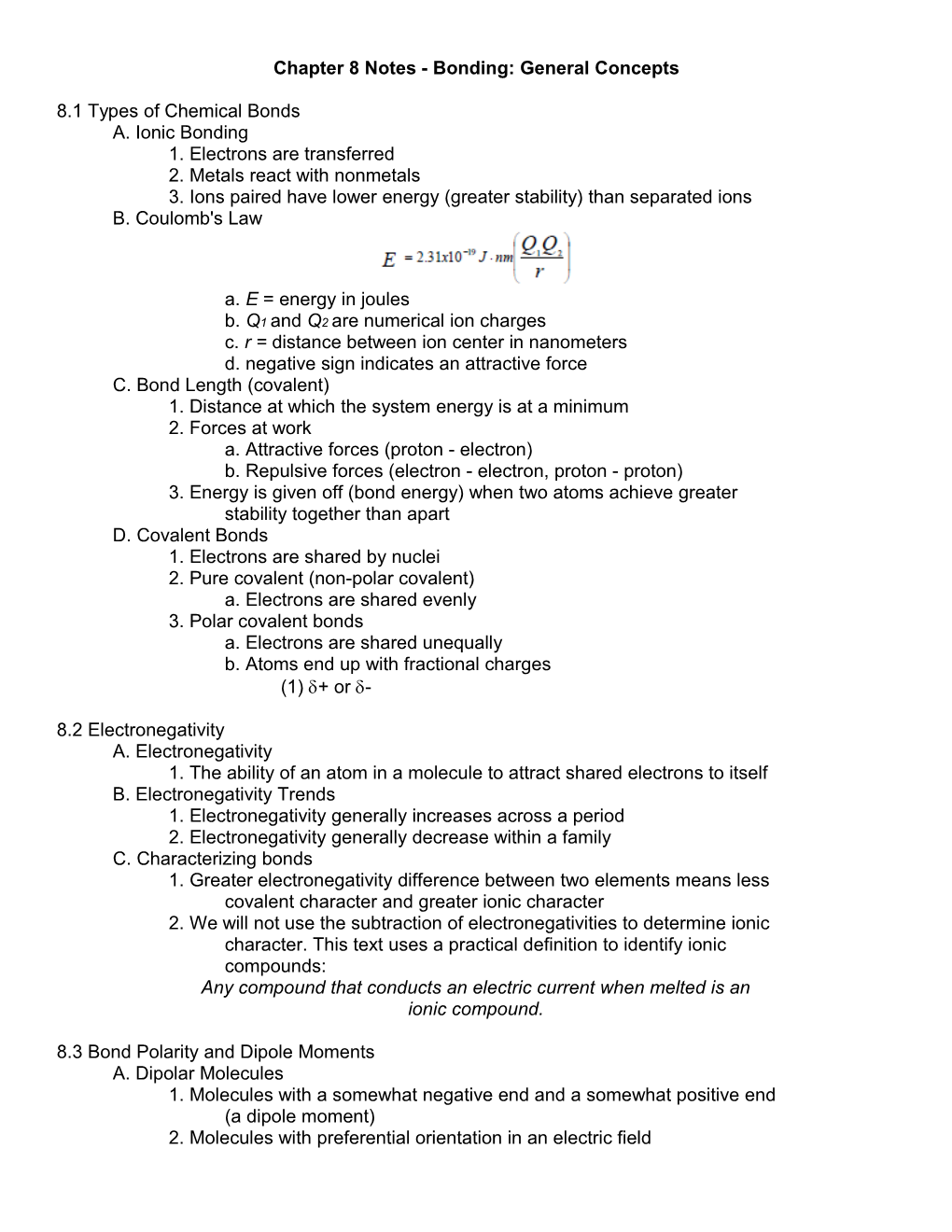 Chapter 8 Notes - Bonding: General Concepts