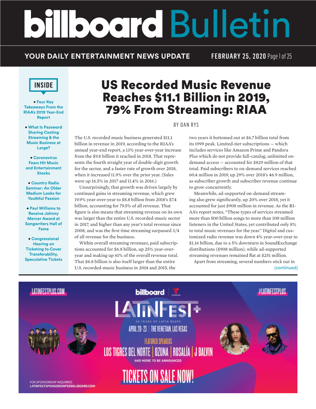 US Recorded Music Revenue Reaches $11.1 Billion in 2019, 79% from Streaming