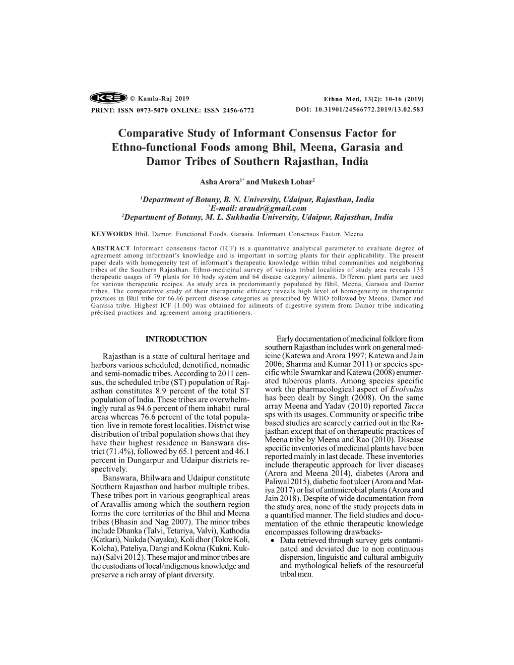 Comparative Study of Informant Consensus Factor for Ethno-Functional Foods Among Bhil, Meena, Garasia and Damor Tribes of Southern Rajasthan, India