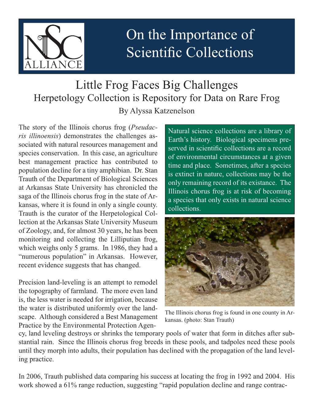 Little Frog Faces Big Challenges Herpetology Collection Is Repository for Data on Rare Frog by Alyssa Katzenelson