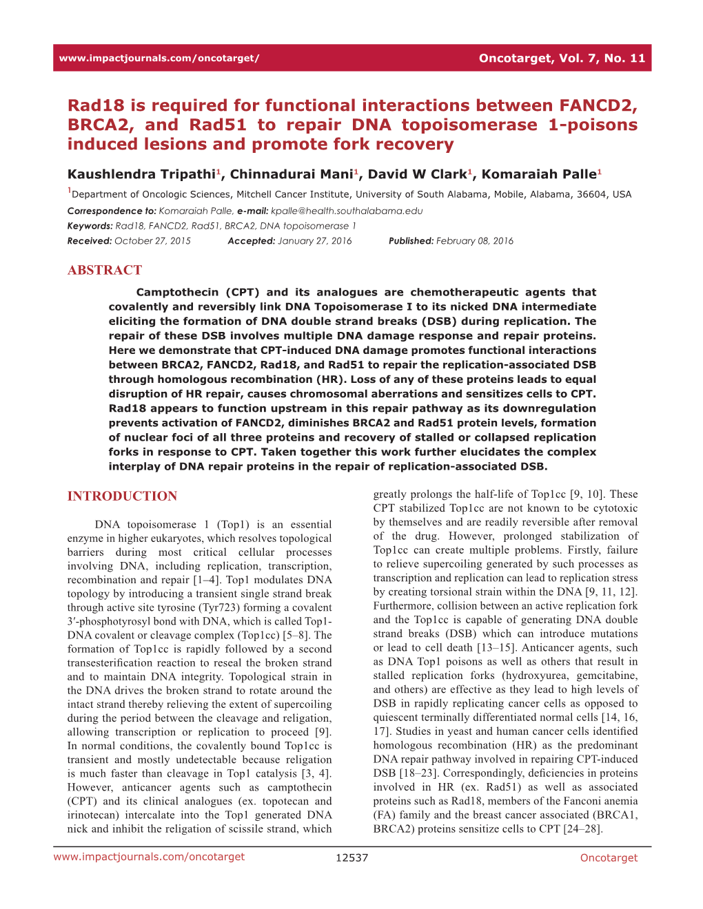 Rad18 Is Required for Functional Interactions Between FANCD2, BRCA2, and Rad51 to Repair DNA Topoisomerase 1-Poisons Induced Lesions and Promote Fork Recovery