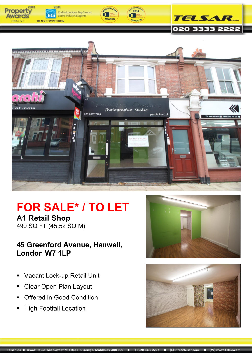 TO LET A1 Retail Shop 490 SQ FT (45.52 SQ M)