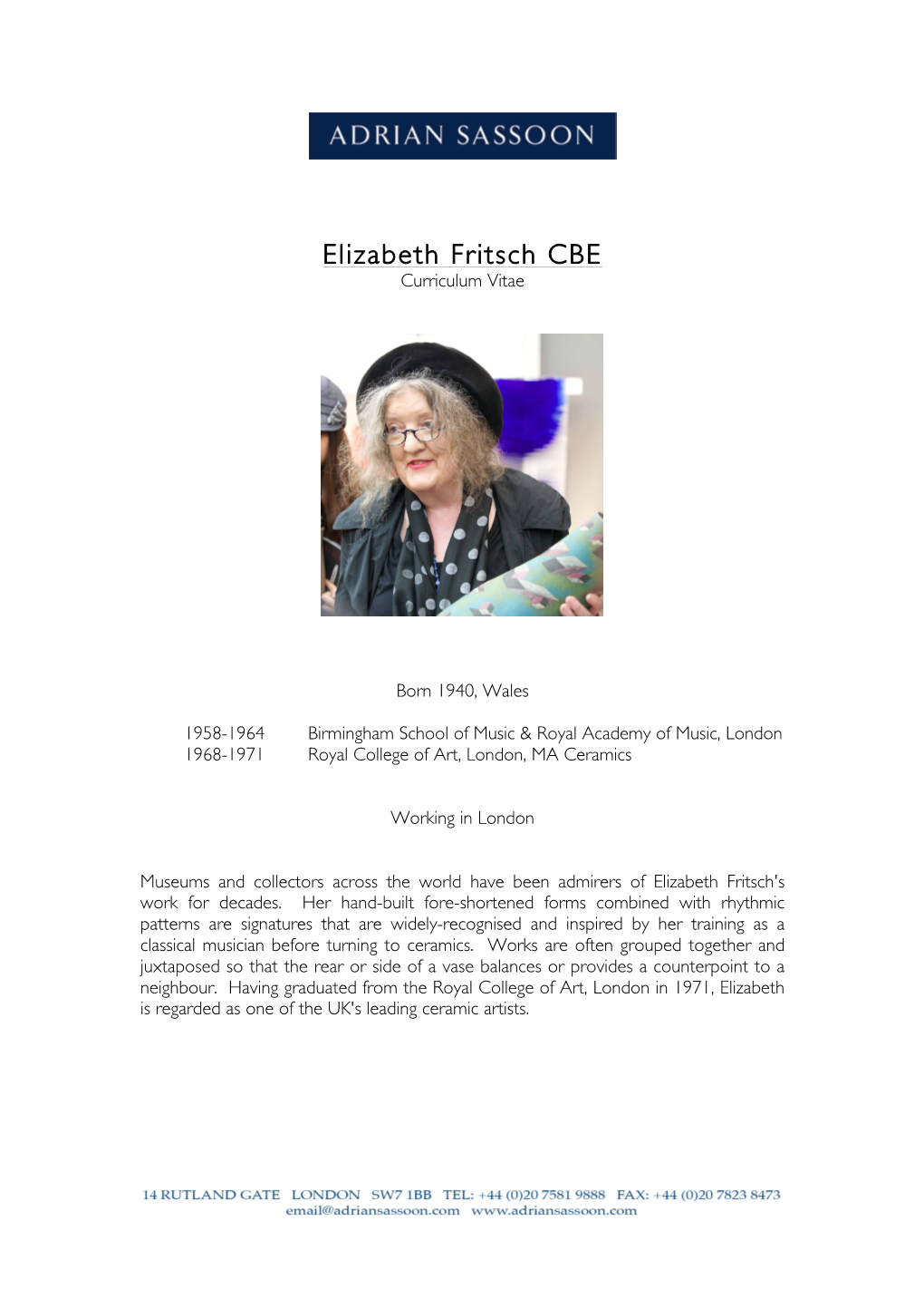 Elizabeth Fritsch CBE Curriculum Vitae