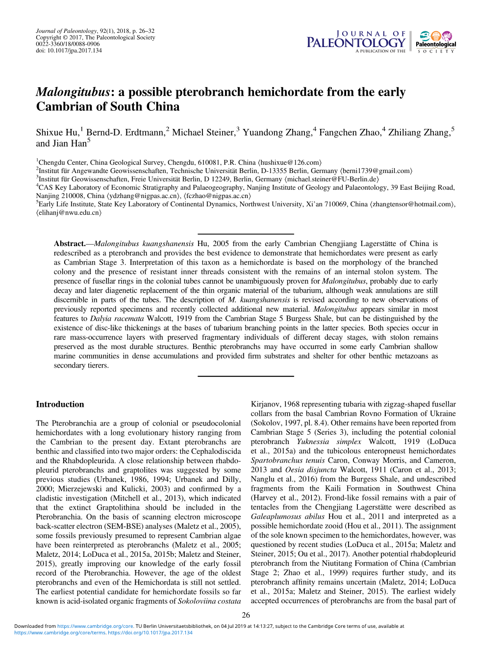 A Possible Pterobranch Hemichordate from the Early Cambrian of South China