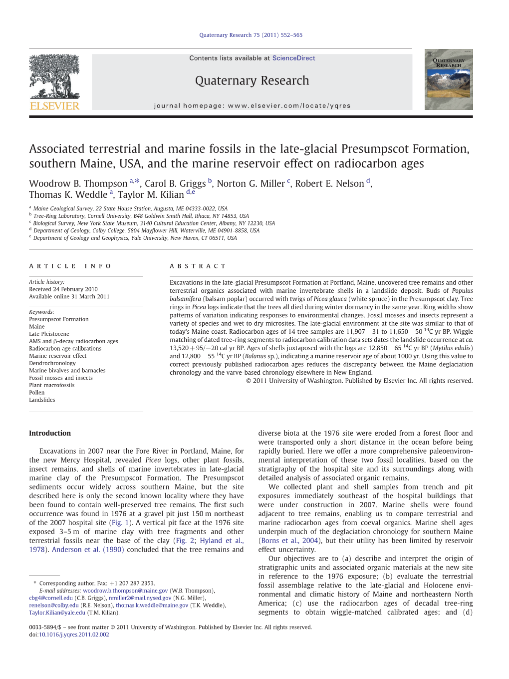 Associated Terrestrial and Marine Fossils in the Late-Glacial Presumpscot Formation, Southern Maine, USA, and the Marine Reservoir Effect on Radiocarbon Ages