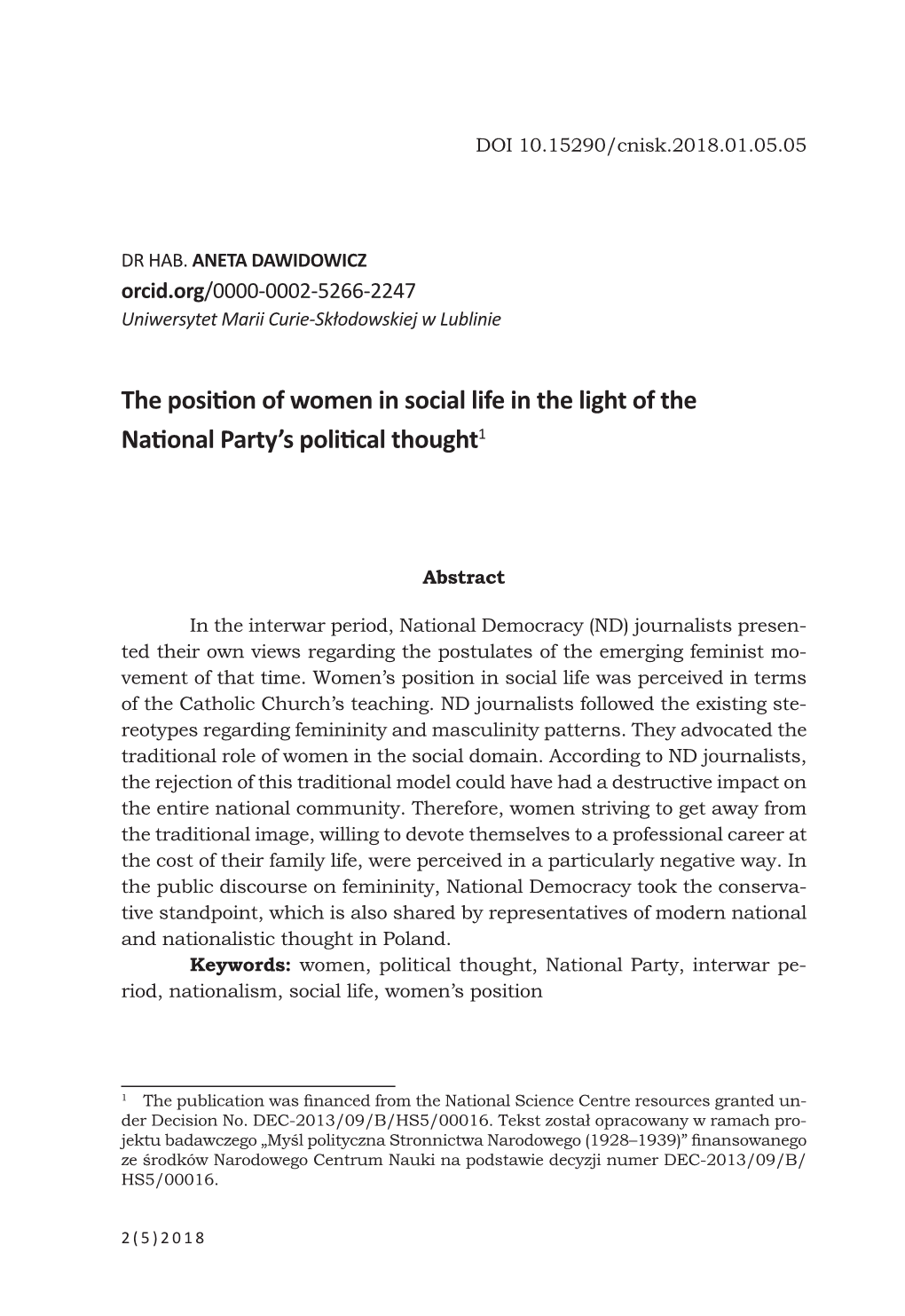 The Position of Women in Social Life in the Light of the National Party’S Political Thought1