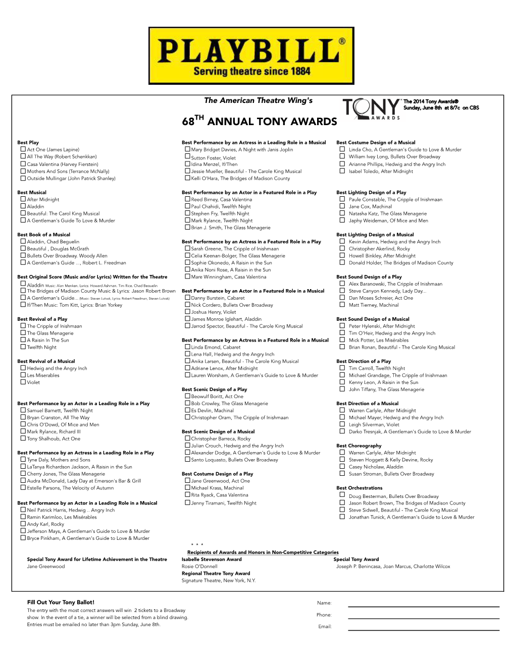 2014 Tony Awards Ballot