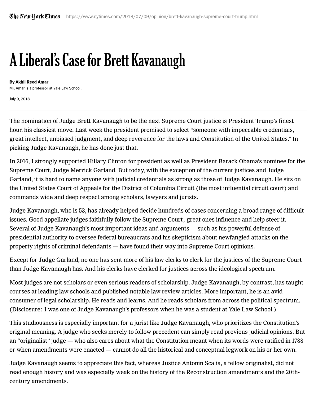 Opinion | a Liberal's Case for Brett Kavanaugh