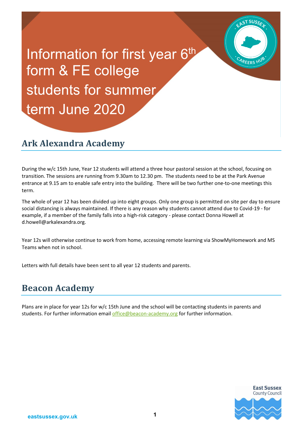 Form & FE College Students for Summer Term June 2020