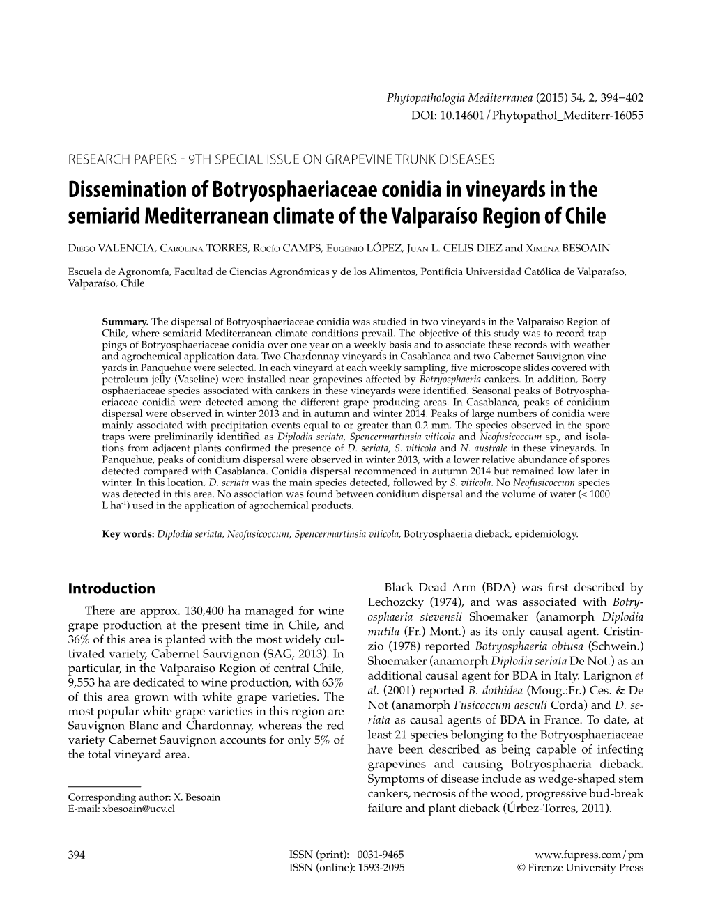 Dissemination of Botryosphaeriaceae Conidia in Vineyards in the Semiarid Mediterranean Climate of the Valparaíso Region of Chile