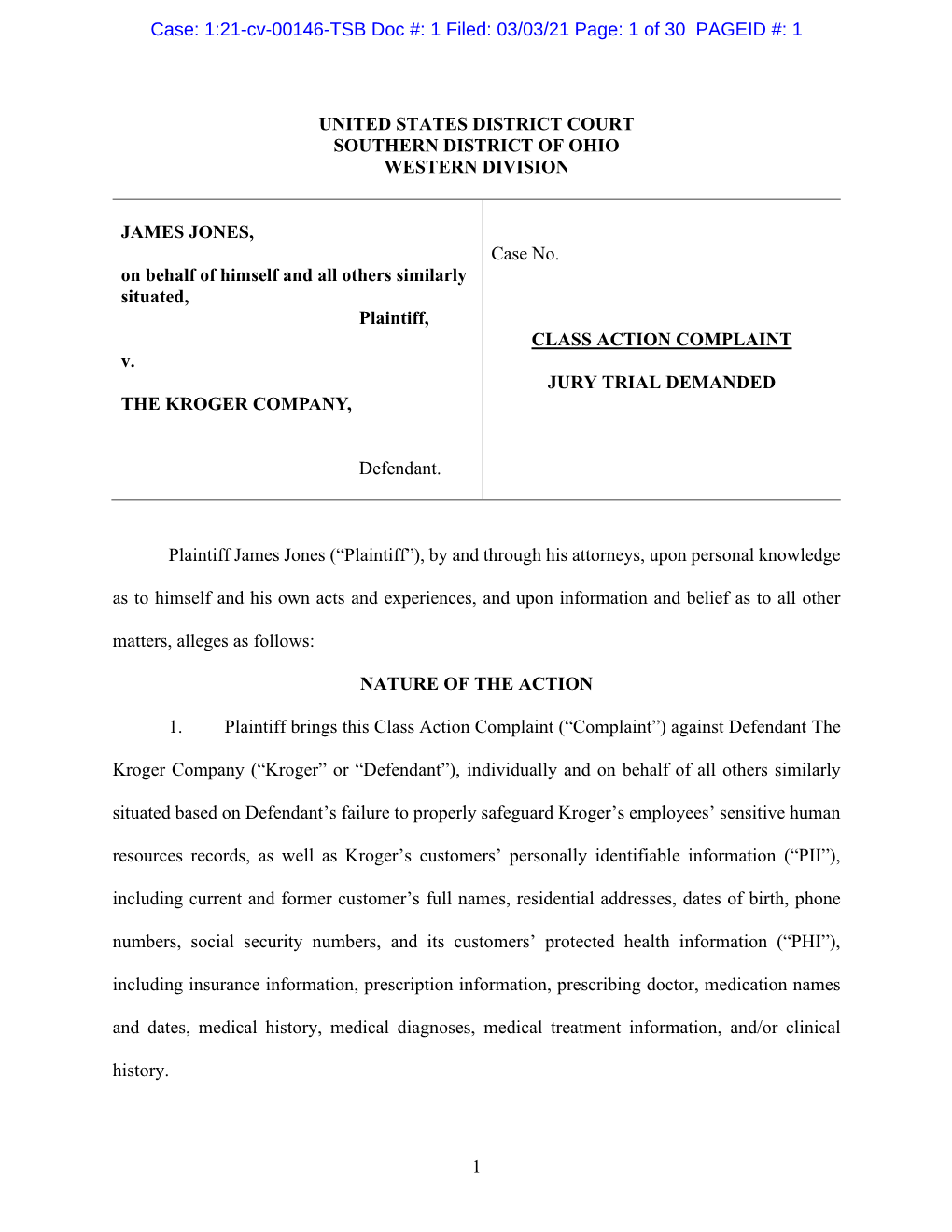 Case: 1:21-Cv-00146-TSB Doc #: 1 Filed: 03/03/21 Page: 1 of 30 PAGEID #: 1