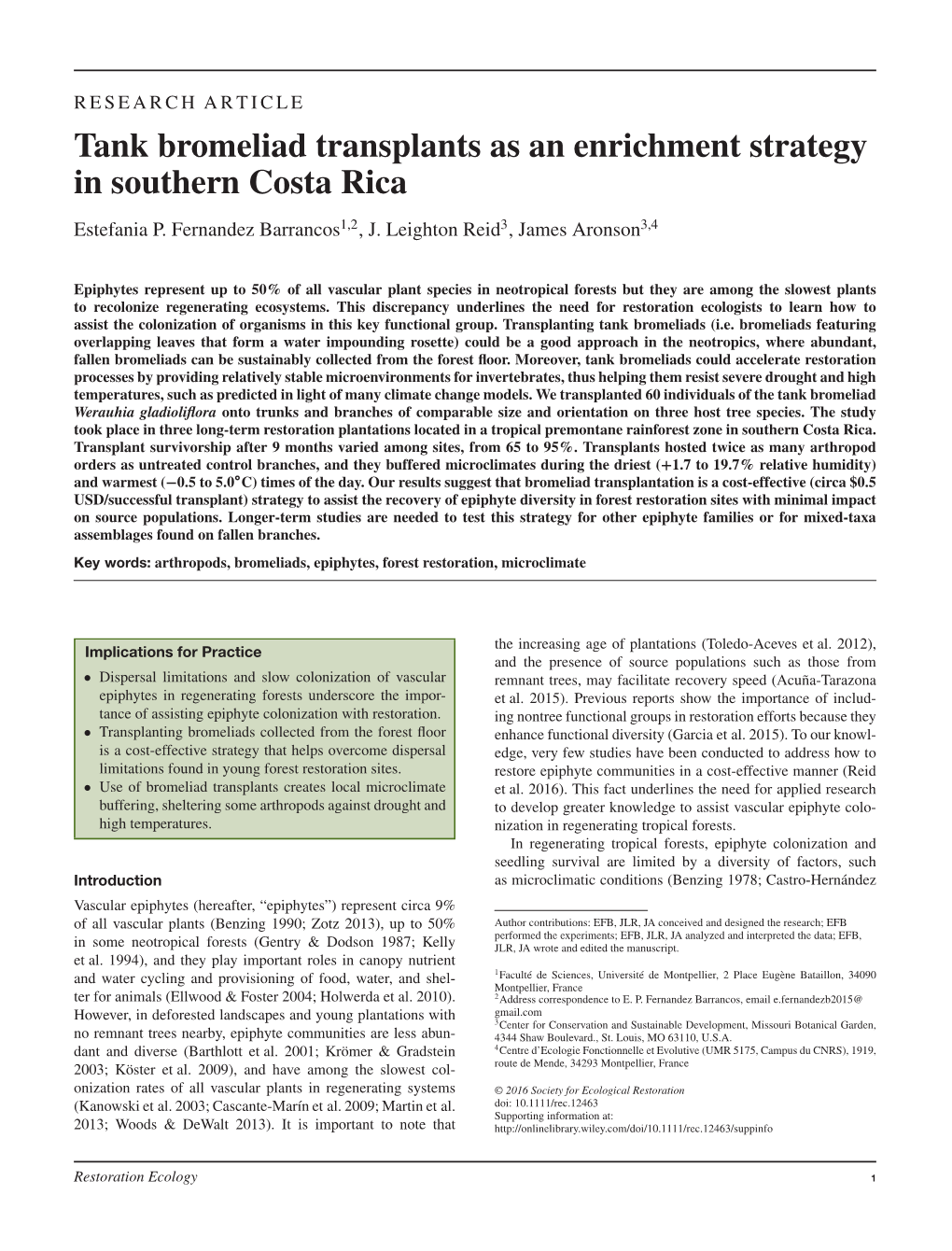 Tank Bromeliad Transplants As an Enrichment Strategy in Southern Costa Rica Estefania P