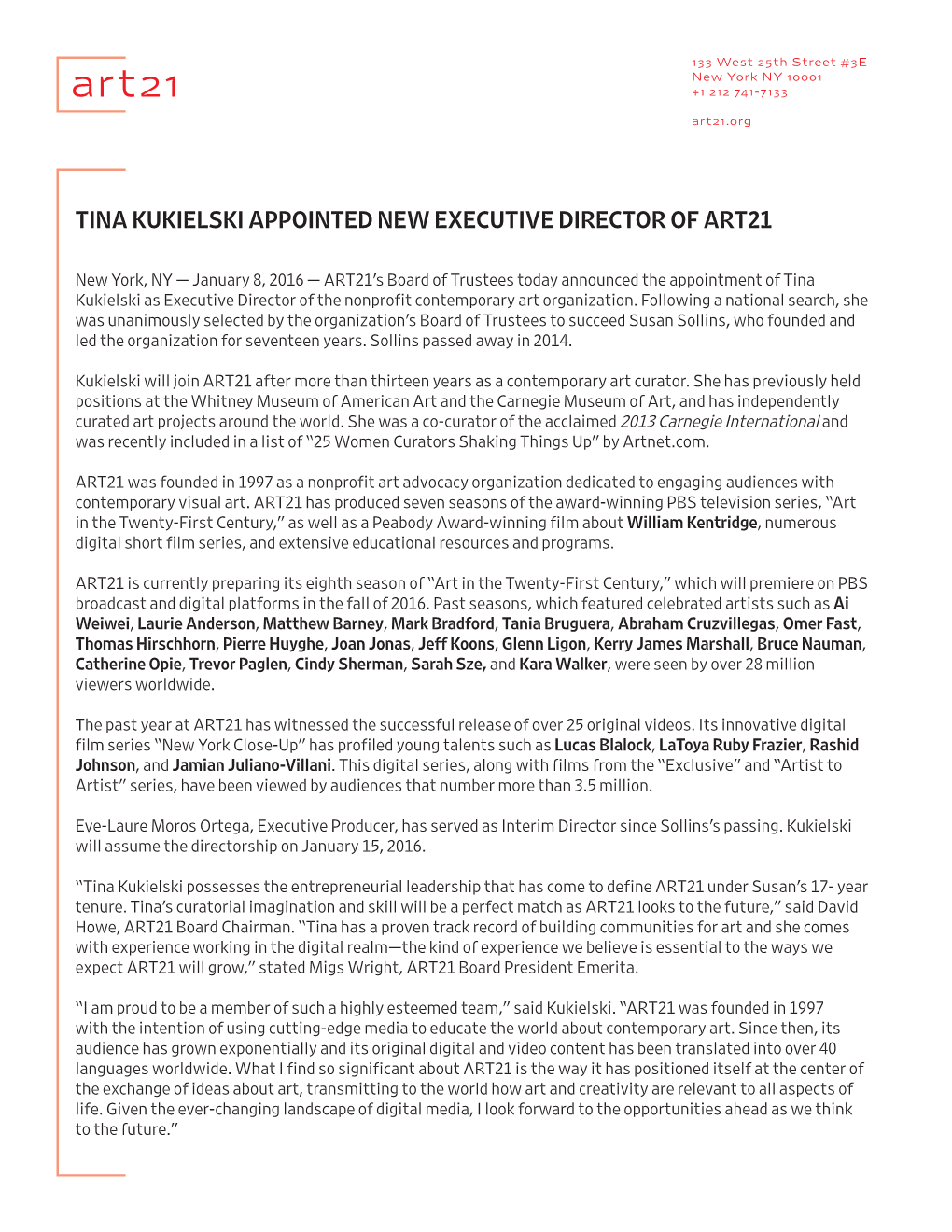 Tina Kukielski Appointed New Executive Director of Art21