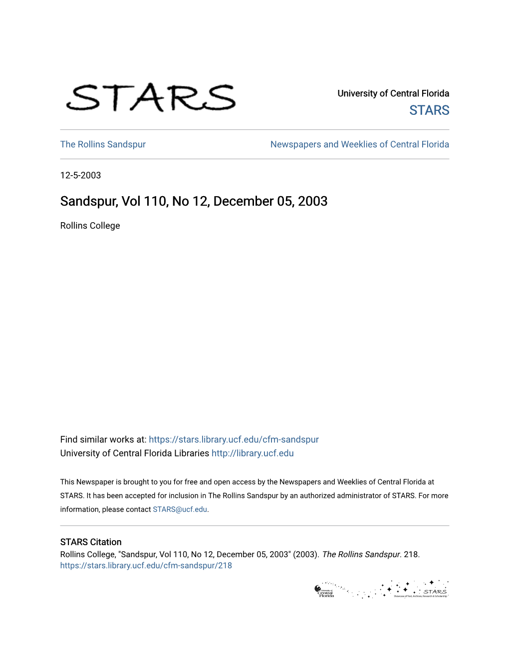 Sandspur, Vol 110, No 12, December 05, 2003