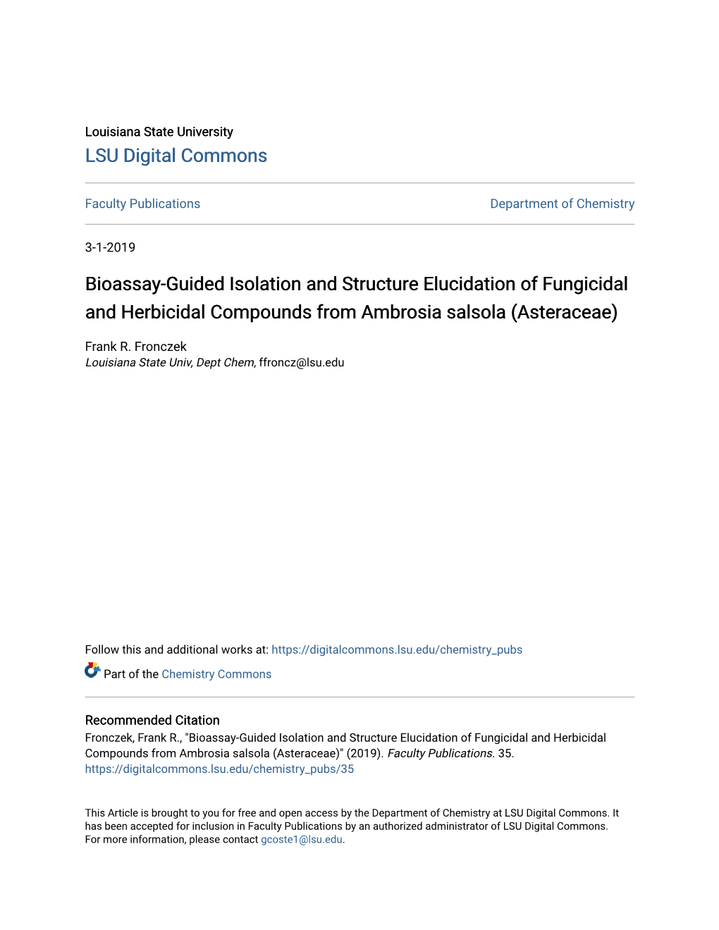 Bioassay-Guided Isolation and Structure Elucidation of Fungicidal and Herbicidal Compounds from Ambrosia Salsola (Asteraceae)