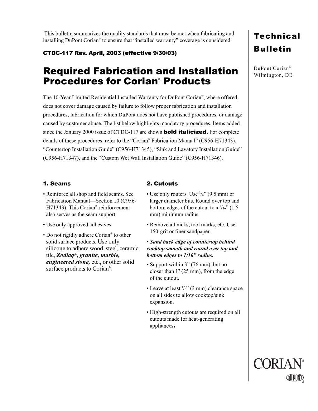 CTDC-117 – Required Fabrication & Installation Procedures for Corian
