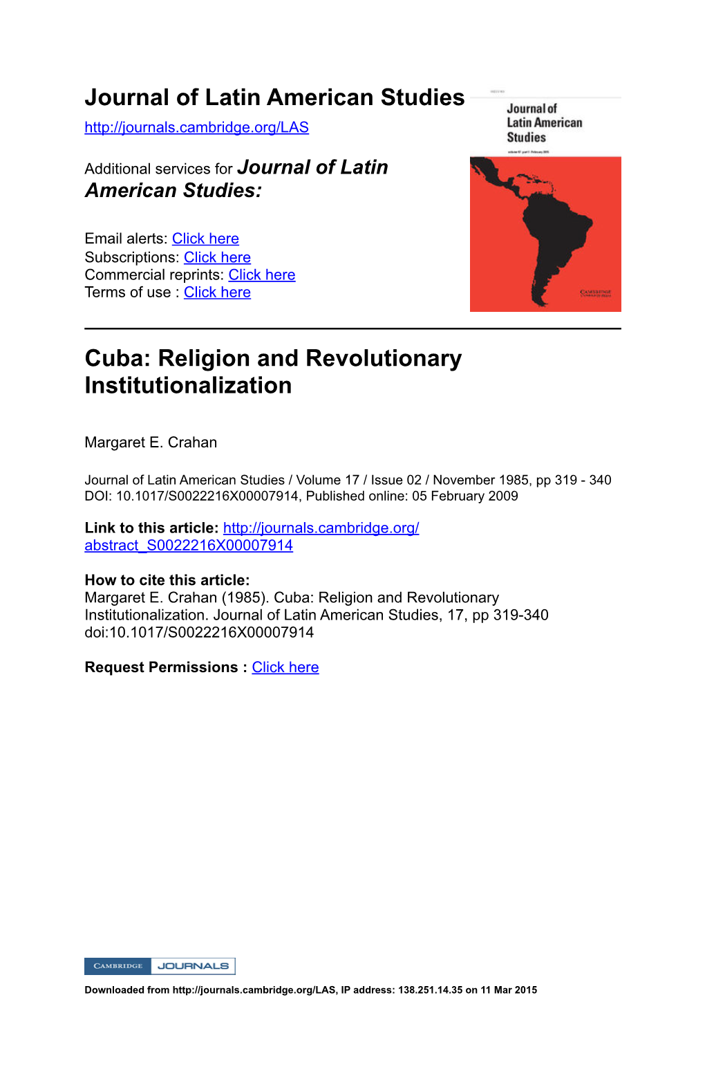 Cuba: Religion and Revolutionary Institutionalization